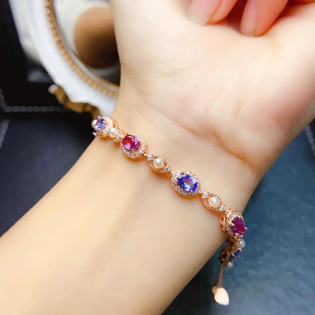 ZECAA 925 Jewelry Tanzanite Bracelet For Woman With Natural Tanzanite Red Tourmaline 4*6mm S925 Silver Tanzanite Bracelet