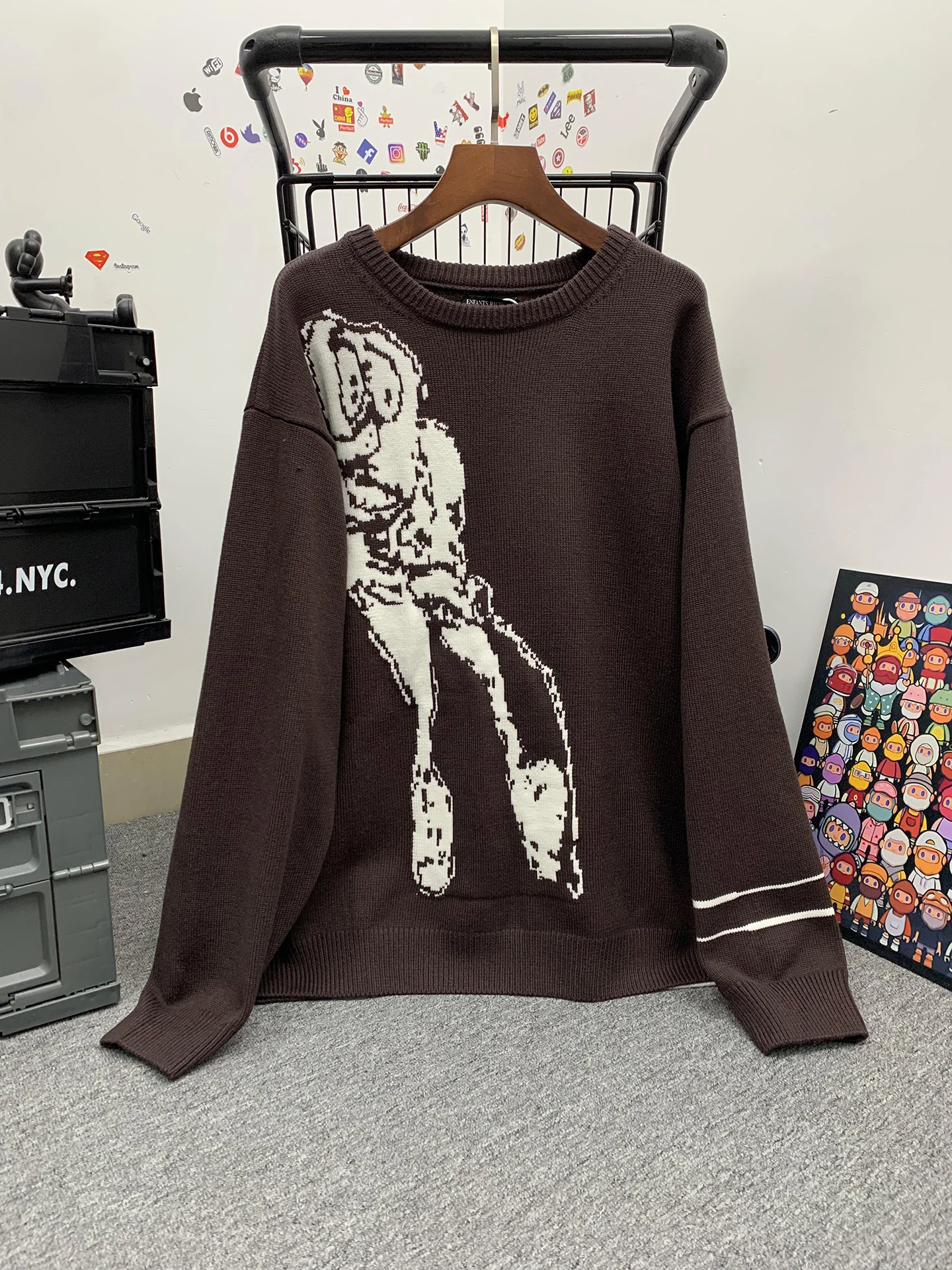 

Depressed Second Generation Rich Cartoon Pattern Vintage Knitted Loose Sweater Unisex Casual Versatile Cotton Long Sleeve Cre...