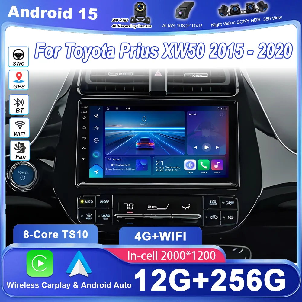 Rádio Automotivo Android 15 para Toyota Prius XW50 2015-2020, Multimídia com Tela QLED Touchscreen, Sem Estéreo 2din, Central Multimídia com Carplay