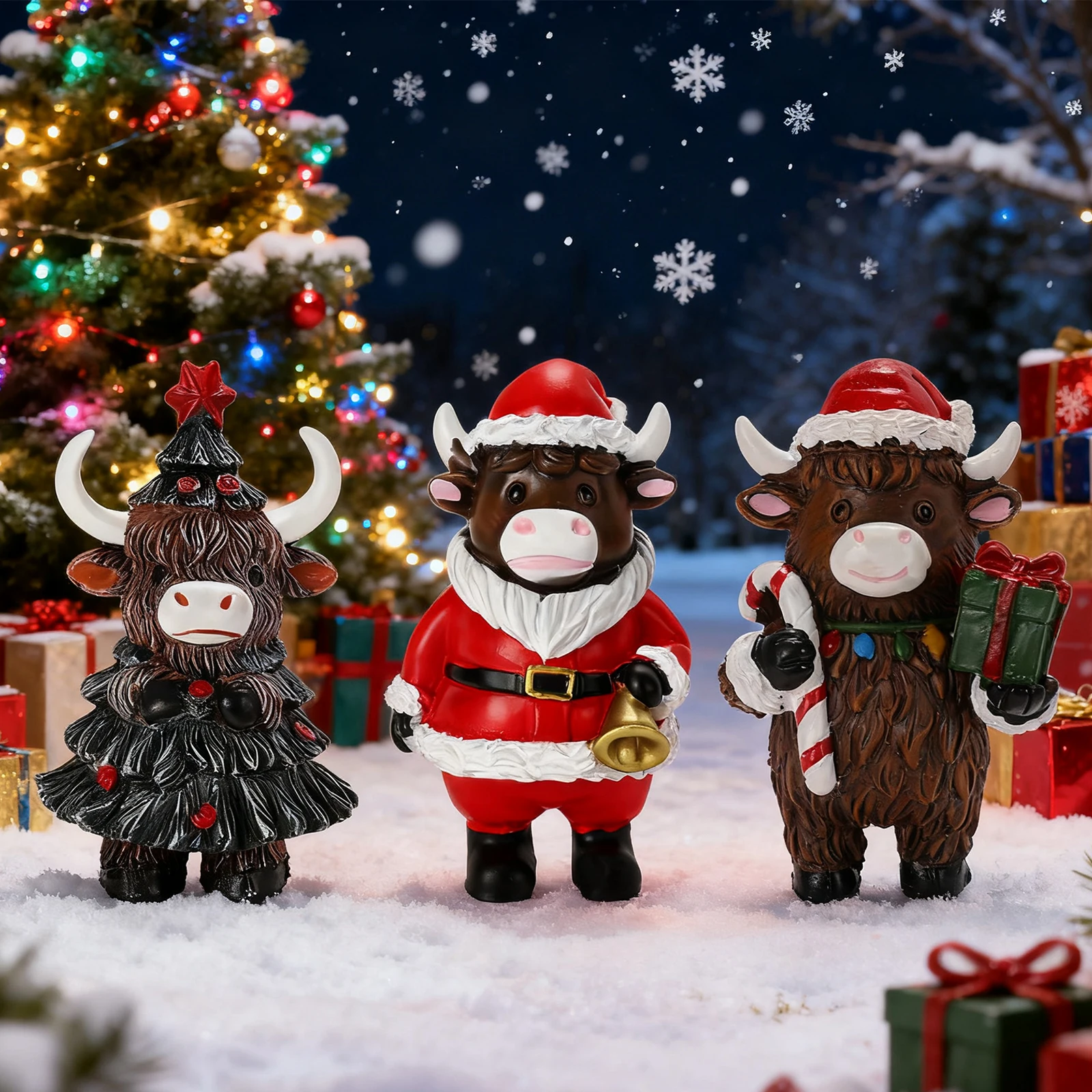 3 個のハイランド牛の置物スコットランドのクリスマスツリーの装飾牛キルト付きサンタ帽子スコットランドのお土産ホリデーホームデコレーション