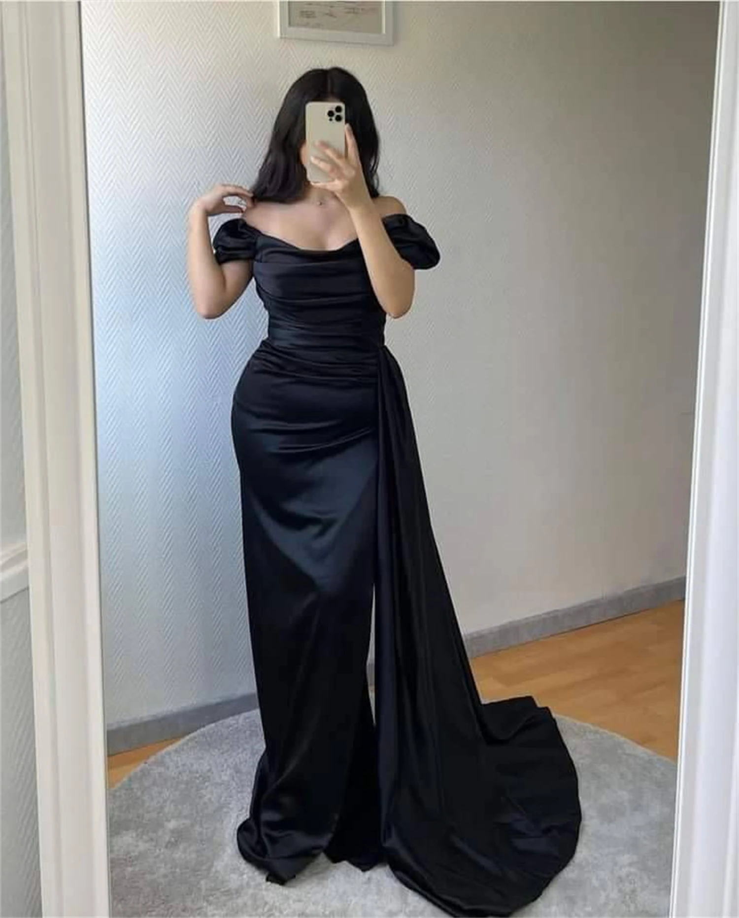 Elegant Sheath/Column Elastic Woven Satin Ruched Off-the-Shoulder Sleeveless Floor Length Backless Sweep/Brush Train Dresses