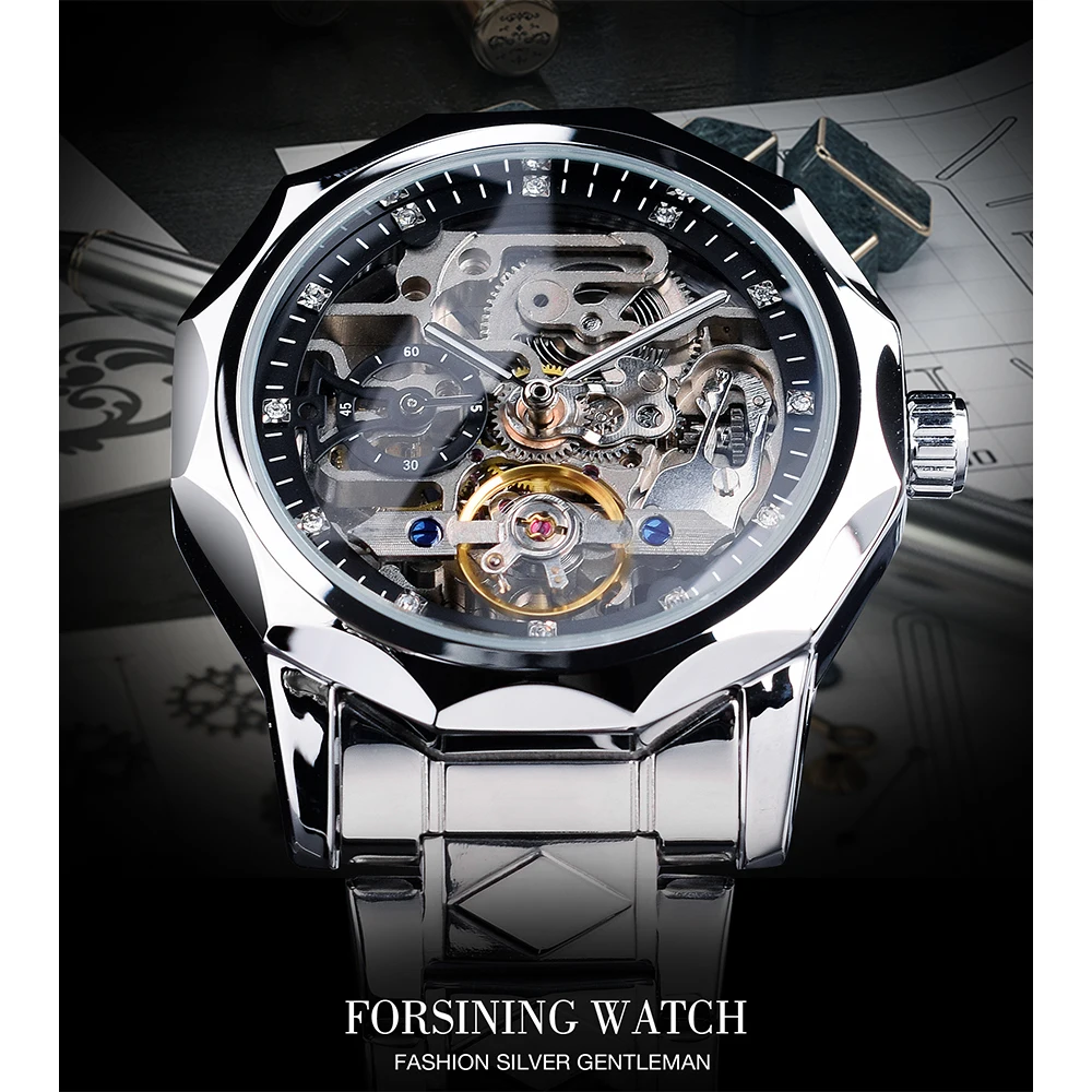 Forsining Csontváz Gépi Karóra men's tourbillion Design automata nézni Vízhatlan esőköpény Termelőüzem stílusú watches Ezüst-