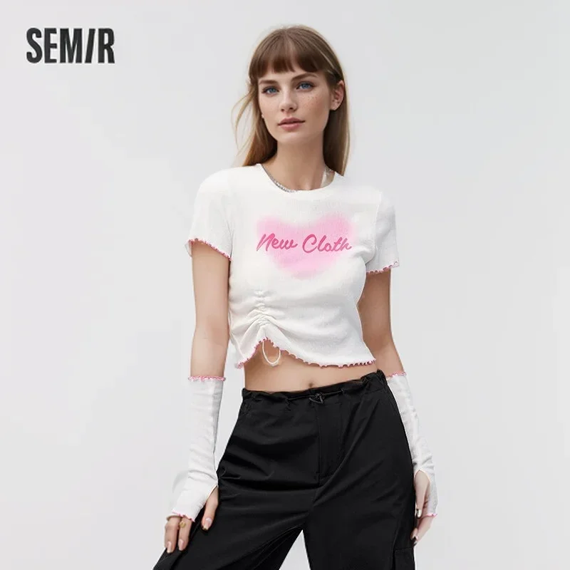 Semir T-shirt Women Short Tops Tight 2024 Summer New Short-sleeved Printed Stringy Selvedge Drawstring Sweater Tee shirts