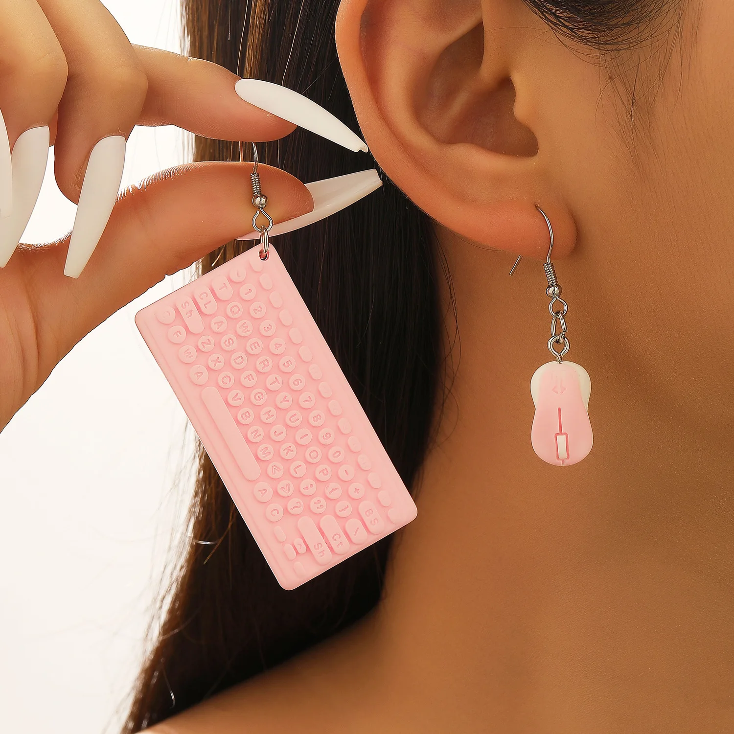 Cute 3D simulation mini pink macaron mouse and exaggerated keyboard asymmetrical earrings office fun accessories earrings
