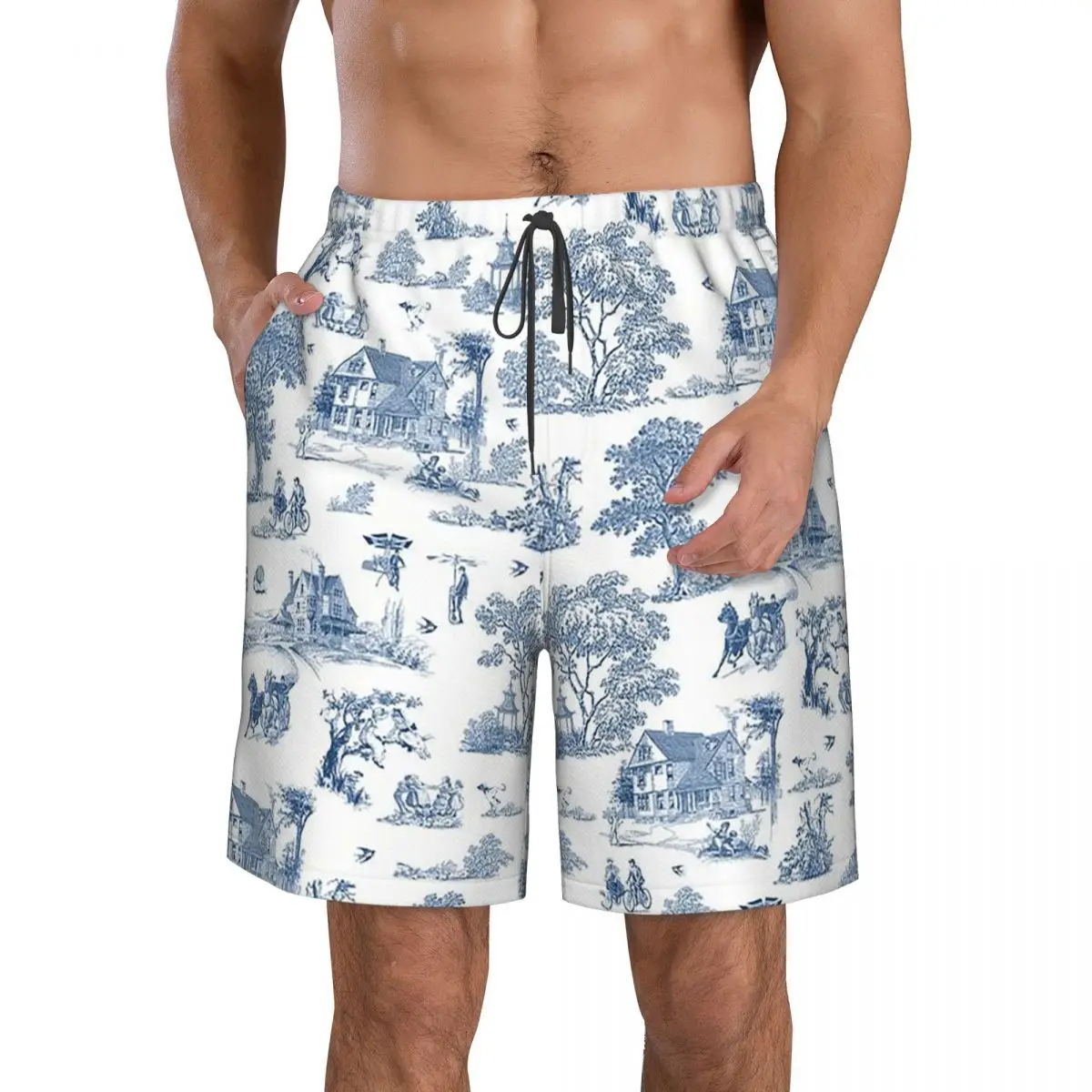 Toile De Jouy French Motif Trunks Beach Board Shorts Casual Quick Dry Swim Summer Men Pants