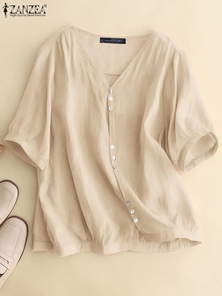 ZANZEA Summer Fashion Pleated Shirt Woman Half Sleeve V-Neck Blouse Female Casual Cotton Tunic Tops Elegant OL Work Chemise 2023