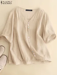 ZANZEA Summer Fashion Pleated Shirt Woman Half Sleeve V-Neck Blouse Female Casual Cotton Tunic Tops Elegant OL Work Chemise 2023