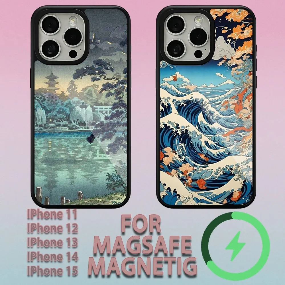 Japanese Ukiyoe  Phone Case For iPhone 15 14 13 12 11 Pro Max Plus Magsafe Magnetic Wireless Charging Cover