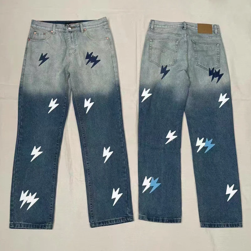 

New Gradient Design Vintage Wash Jeans Men Women High Quality Patchwork Lightning Pattern Straight-leg Pants