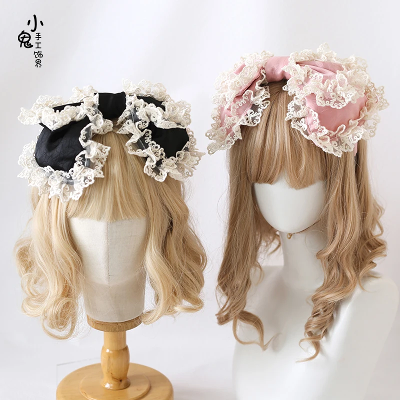 Big Bow Hairband Girls Lolita Lace Ruffled Headband Sweet Embroidery Anime Maid Cosplay Headdress