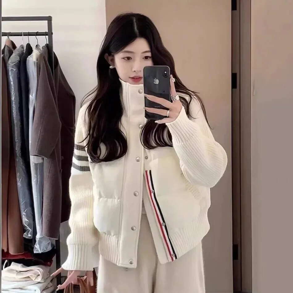 

Korean College Style Knitted Cotton Jacket Lightweight Luxury Splicing Design Stand Collar Women's Autumn Winter Special