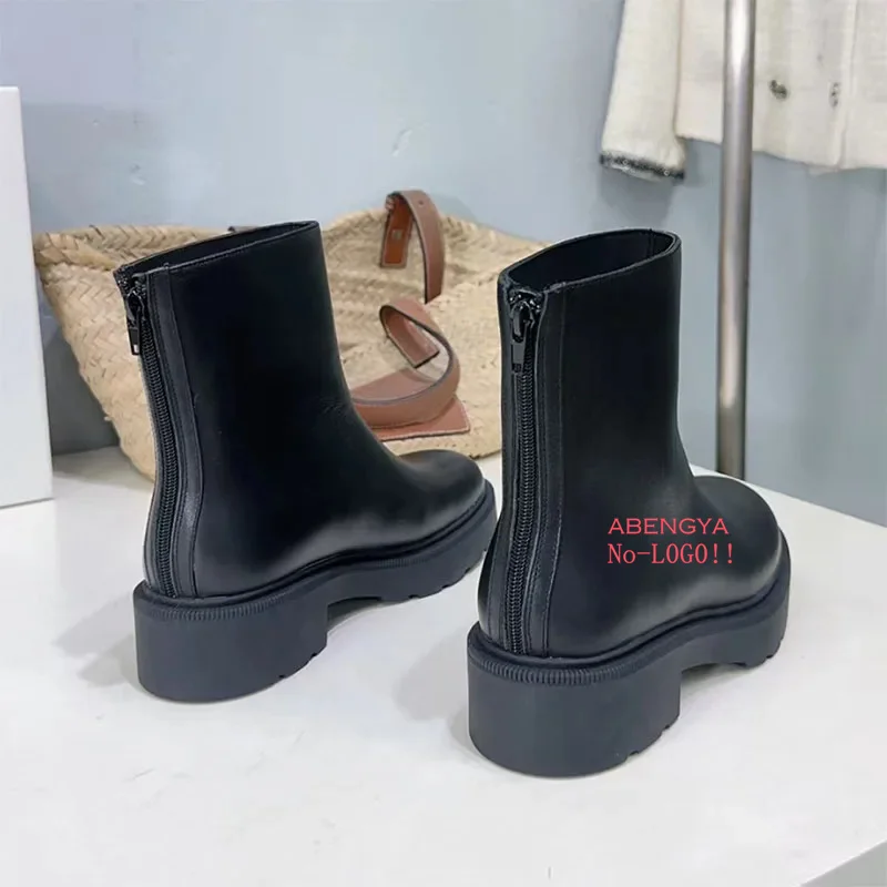 Hot Sale Black Leather Ankle Boots Women Round Toe Flat Platform Casual Short Boot Winter Designer Party Chelsea Boots For Women