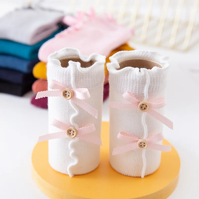 Bow Baby Mid-tube Socks Solid Color Wooden Ear Lace Children's Socks Multi-color Optional Breathable Absorbent Cotton Socks