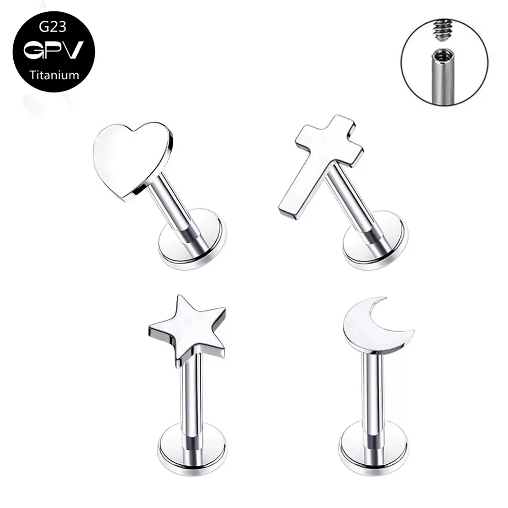 G23 Titanium F136 Stud Internal Thread Star Love Moon Cross Top Screw Piercing Ear Cartilage Nail Piercing Jewelry