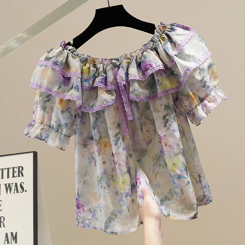 

Fashion Heavy Industry Floral Splicing Lace Bubble Sleeve Shirt, Women's Summer New Loose Age-reducing Foreign Style Top, Blouse