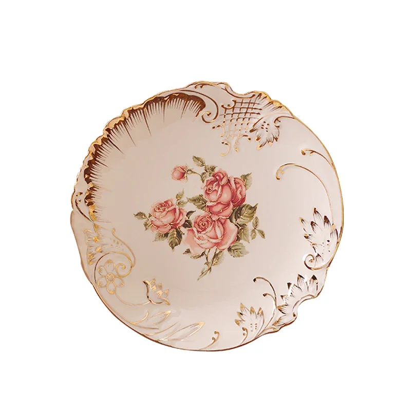 European-Style Ceramic Tableware Gold-Plated Rose Ceramic Gold Plate Dishes Dim Sum Plate Fruit Plate Dish Dim Sum Dish