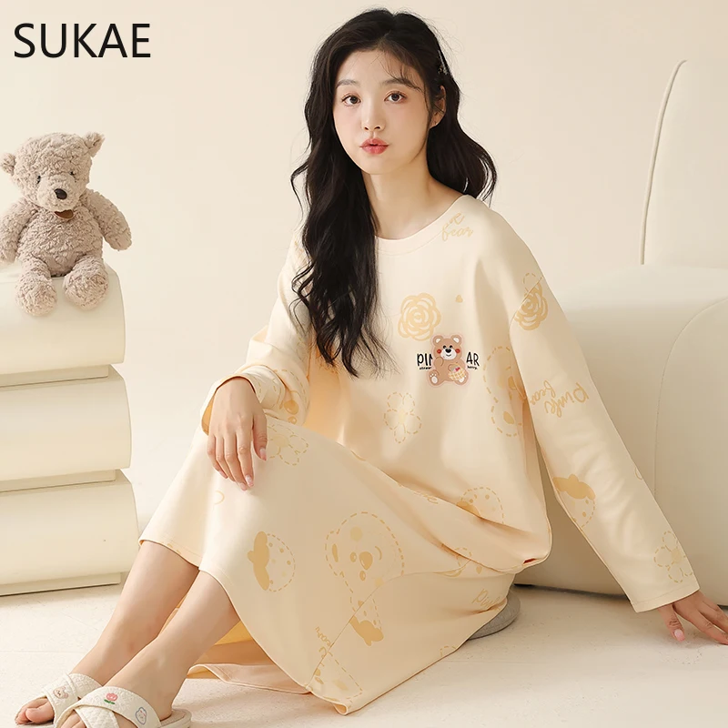 SUKAE Spring New Faux Cotton Long Sleeves Nightgowns Casual Lazy Sleepshirt Cute Duck Women Nightwear Leisure Milk Silk Lingerie