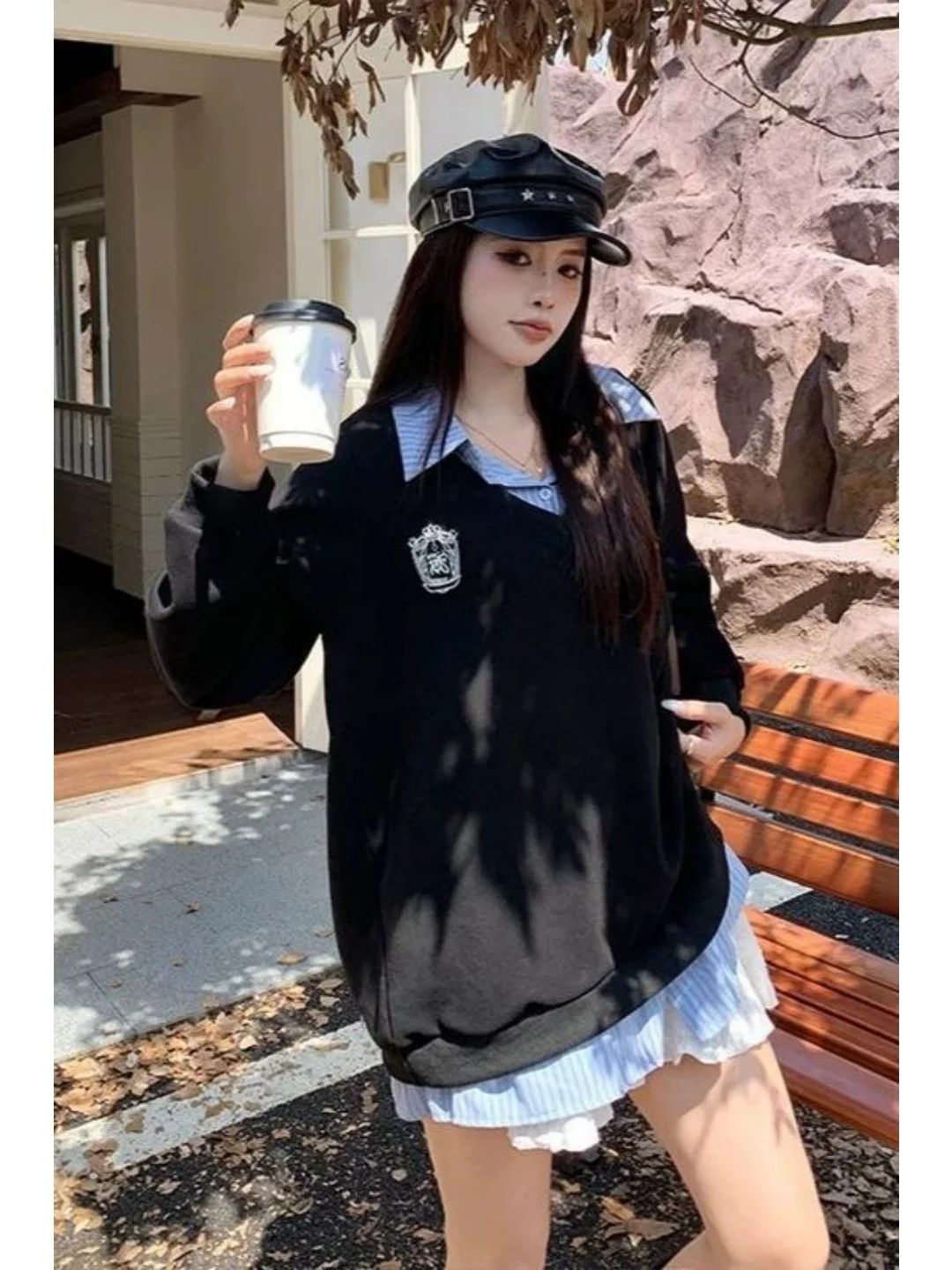 

Женская длинная толстовка размера плюс Sve Ne, искусственная двухсекционная осенне-зимняя корейская ветровка для колледжа, ультра большая ...