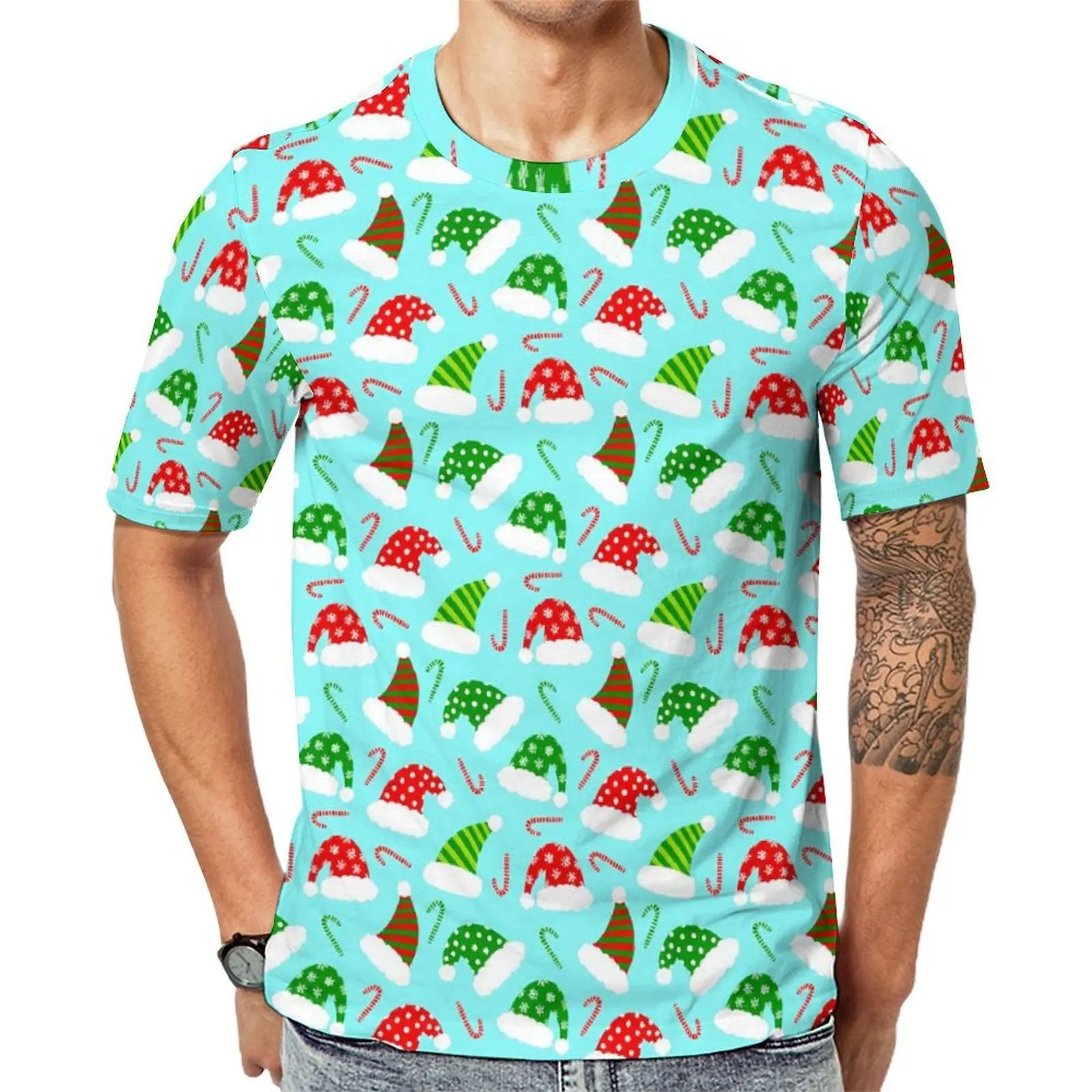 Mens Candy Canes T-Shirt Christmas Santa Hats Trendy T Shirts Short Sleeves Pattern Tshirt Hot Sale Summer Oversized Clothes