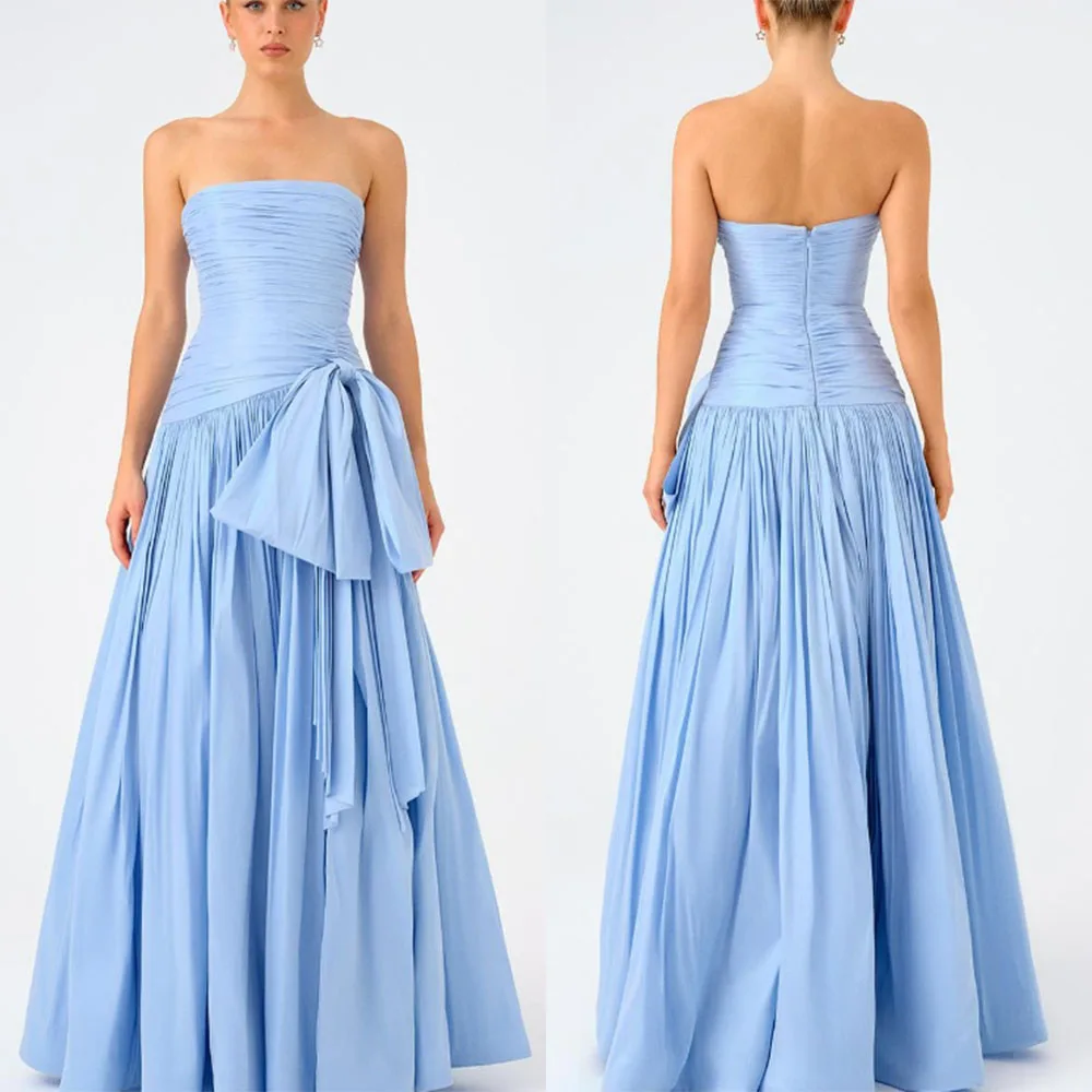 

High Quality Customized Backless Blue Floor Length Wrinkle Sleeveless Strapless Zipper up Bow Women Vestidos De Gala Party Dress