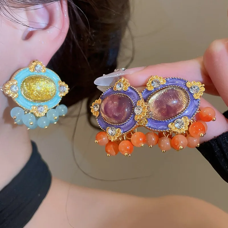 

Minar Vintage Purple Orange Green Mix Color Resin Rhinestones Oval Geometric Beads Strand Tassel Dangle Earrings for Women Gifts