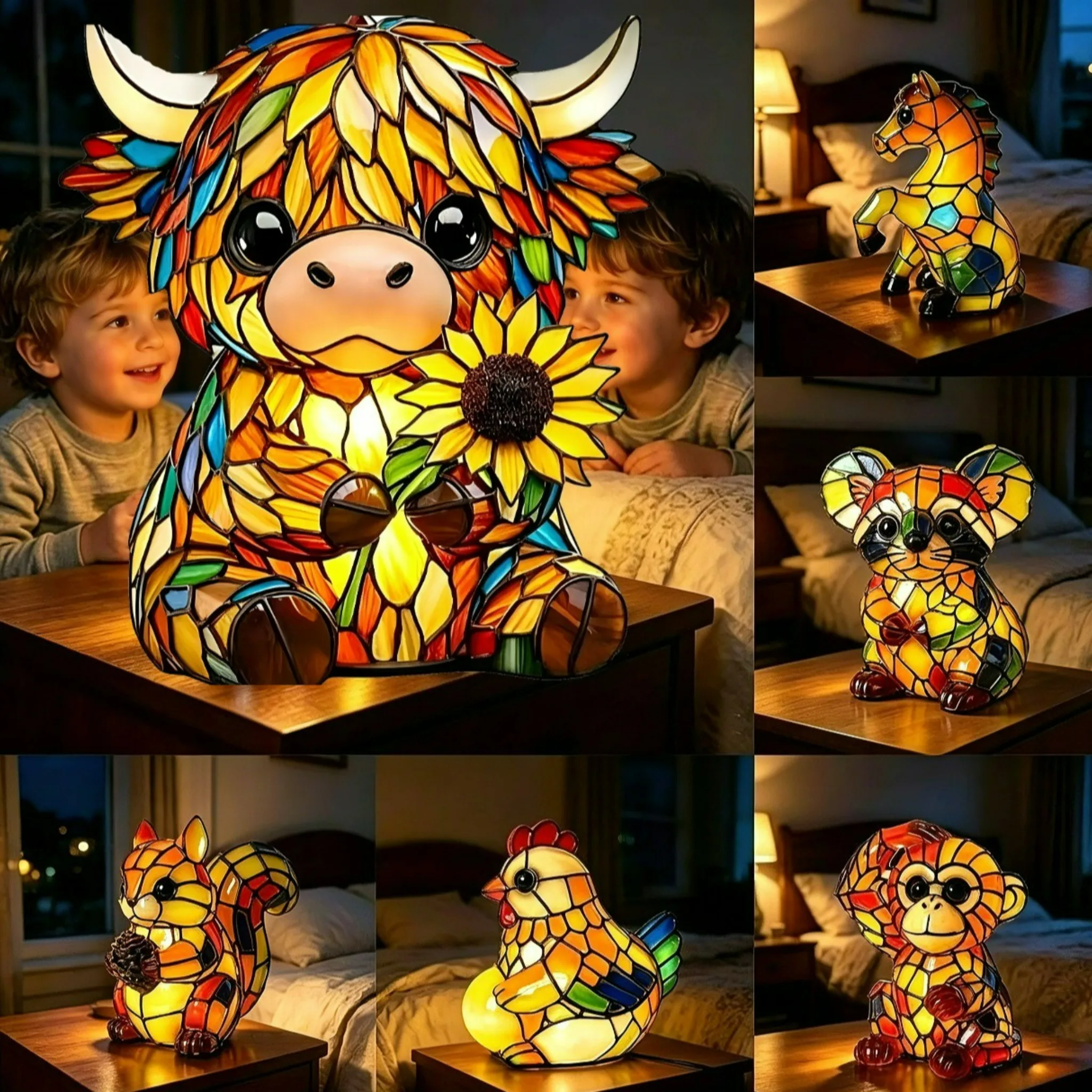 

Cute Sunflower Highland Cow Table Lamp Handcrafted Stained Glass Night Light Resin Animal Ornament Light for Home Office Bedroom