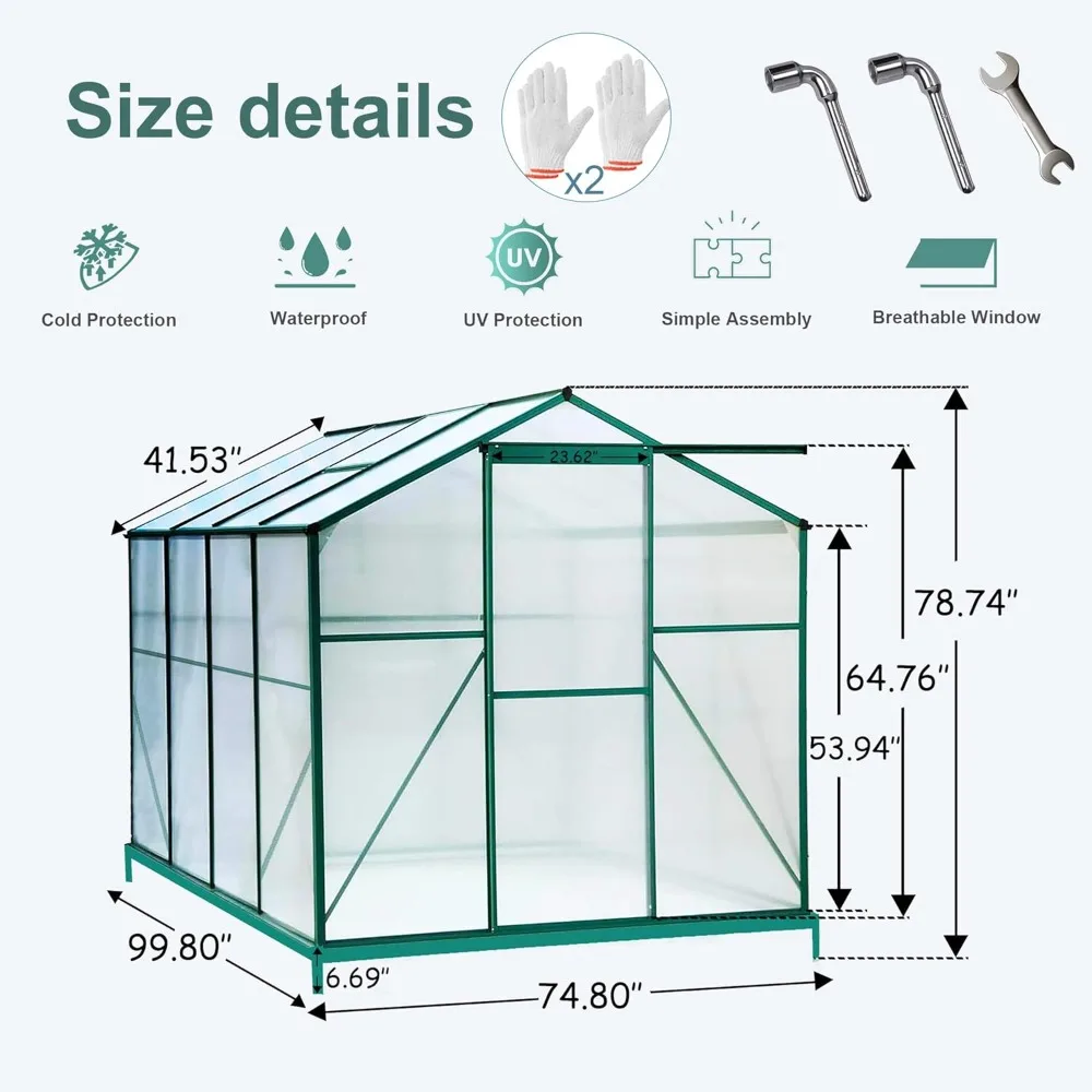 

6x8-foot Heavy-duty Walk-in Polycarbonate Greenhouse with Aluminum Frame, Large Botanical Garden Greenhouse with Ventilated Roof