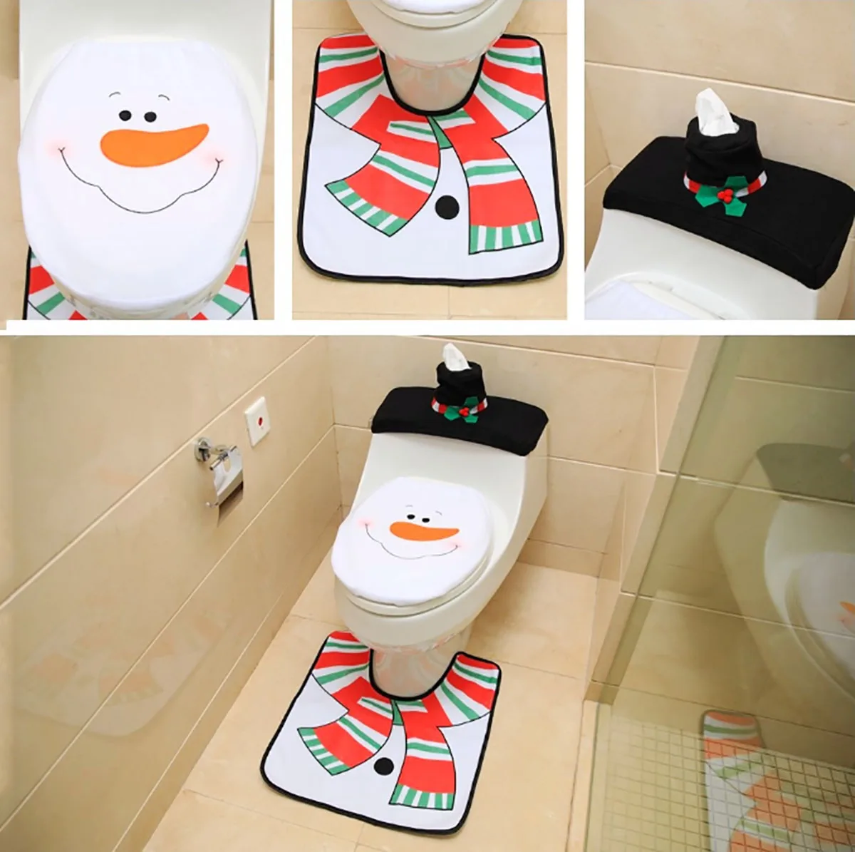 3pcs Christmas Toilet Cover Elderly Snowman Toilet Cover Floor Mat Water Tank Cover Paper Towel Set Three-piece Home