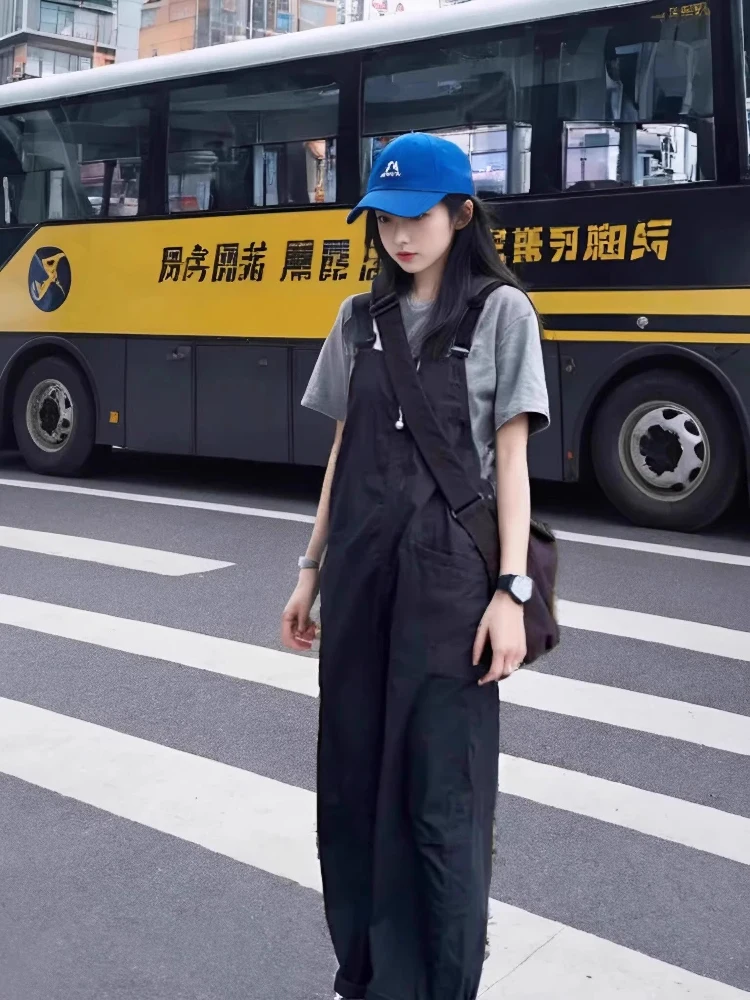 

Черный рабочий комбинезон, женский комбинезон с прямыми штанинами, весенний новый винтажный маленький размер, японские утягивающие брюки Utili