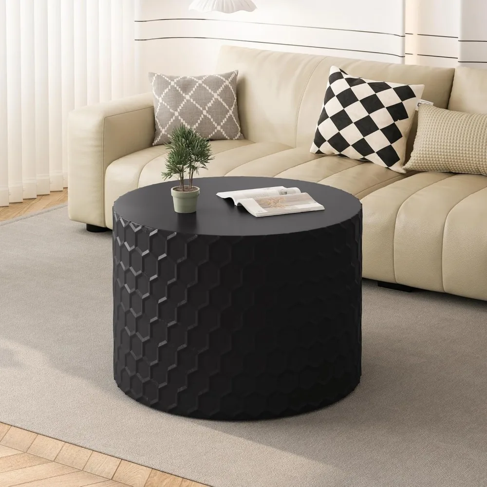 Black Round Nesting Coffee Table Set of 2, Modern Circle Drum Coffee Table Side Table End Table for Living Room, Wood Circle Co