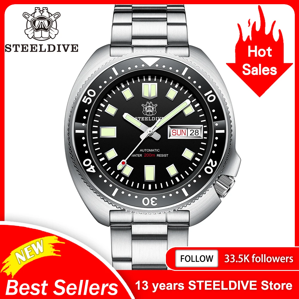 

STEELDIVE SD1970W 44mm Steel Case Green Dial Ceramic Bezel 20ATM Waterproof Stainless Steel Turtle NH35 Automatic Dive Watch w