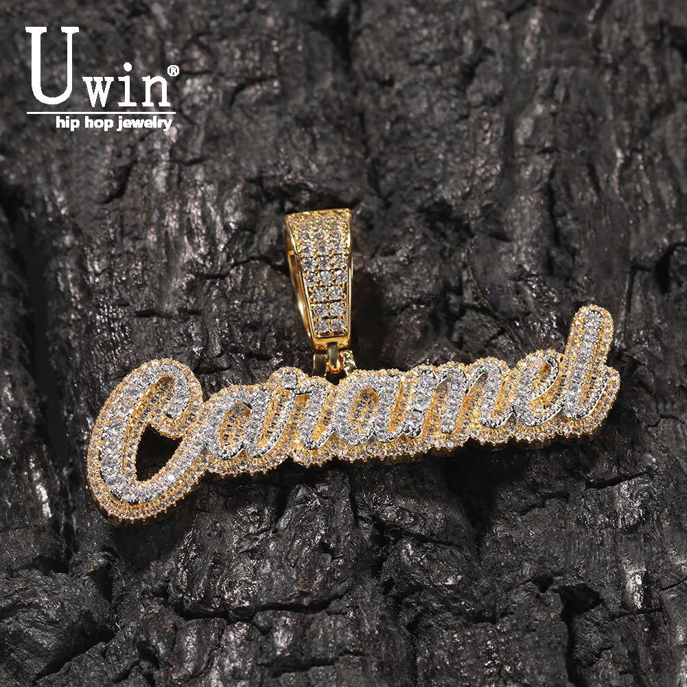 Imagem -02 - Uwin Personalizado Camadas Cursive Carta Pendente Iced para Fora Redondo cz Pedras Nomes Colar Personalizado Moda Hiphop Jóias para o Presente