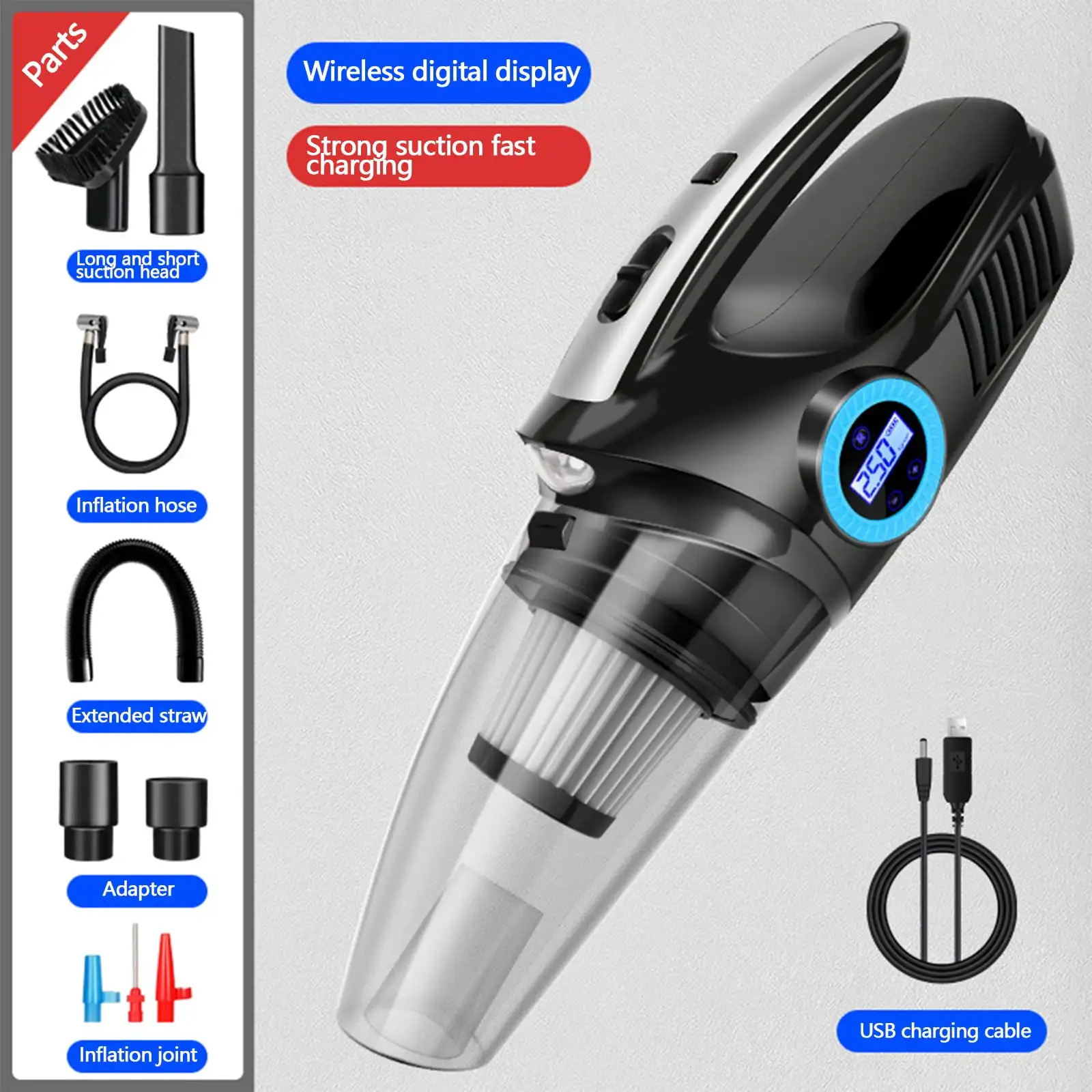 Aspirapolvere per auto per auto, aspirapolvere portatile per auto, gonfiatore per pneumatici per auto, compressore d'aria 12V con luce a LED, 4 in 1 P