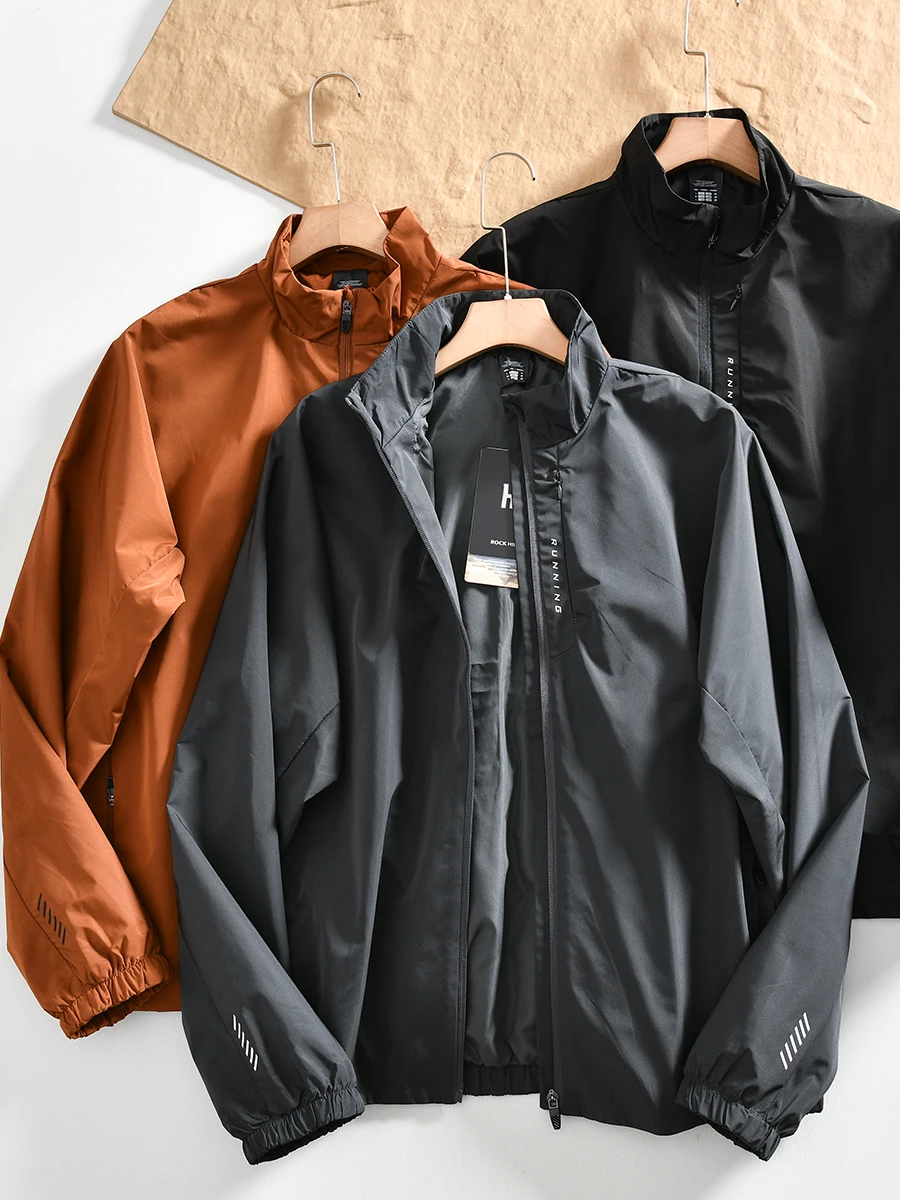 

Men's Casual Thin Windproof Water-Resistant Stand Collar Outdoor Jacket Lightweight Spring Autumn Polyester Fiber Zipper Closure