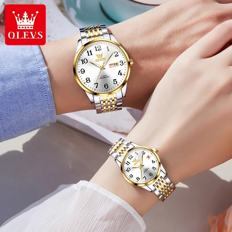 Olevs 6666 luxury automatic mechanical couple watch waterproof stainless steel lover anniversary his or her watch set