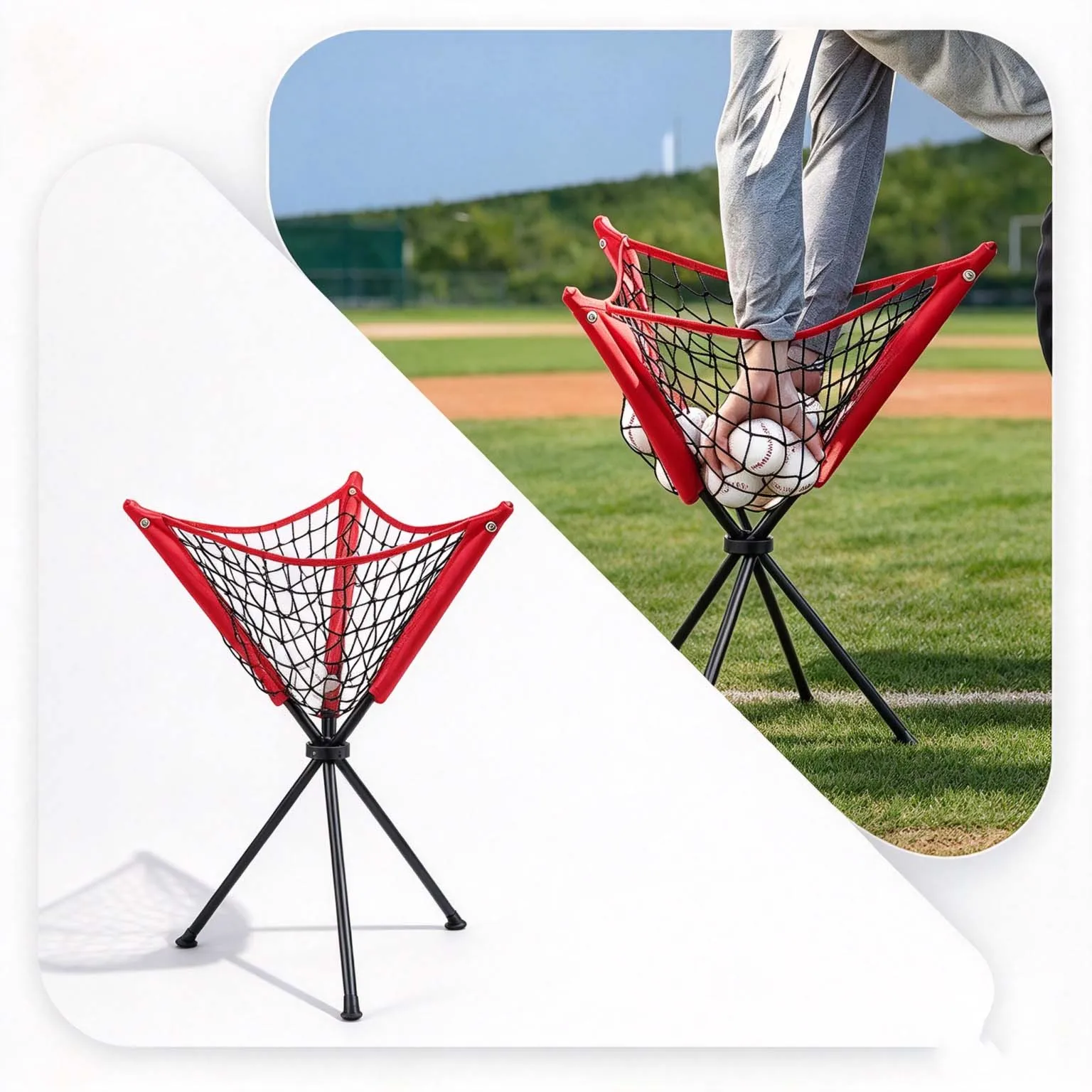 Durable Baseball Softball Ball Collector & Caddy Triangle Portable Foldable Mobile Net Batting Practice Storage Rack for Players