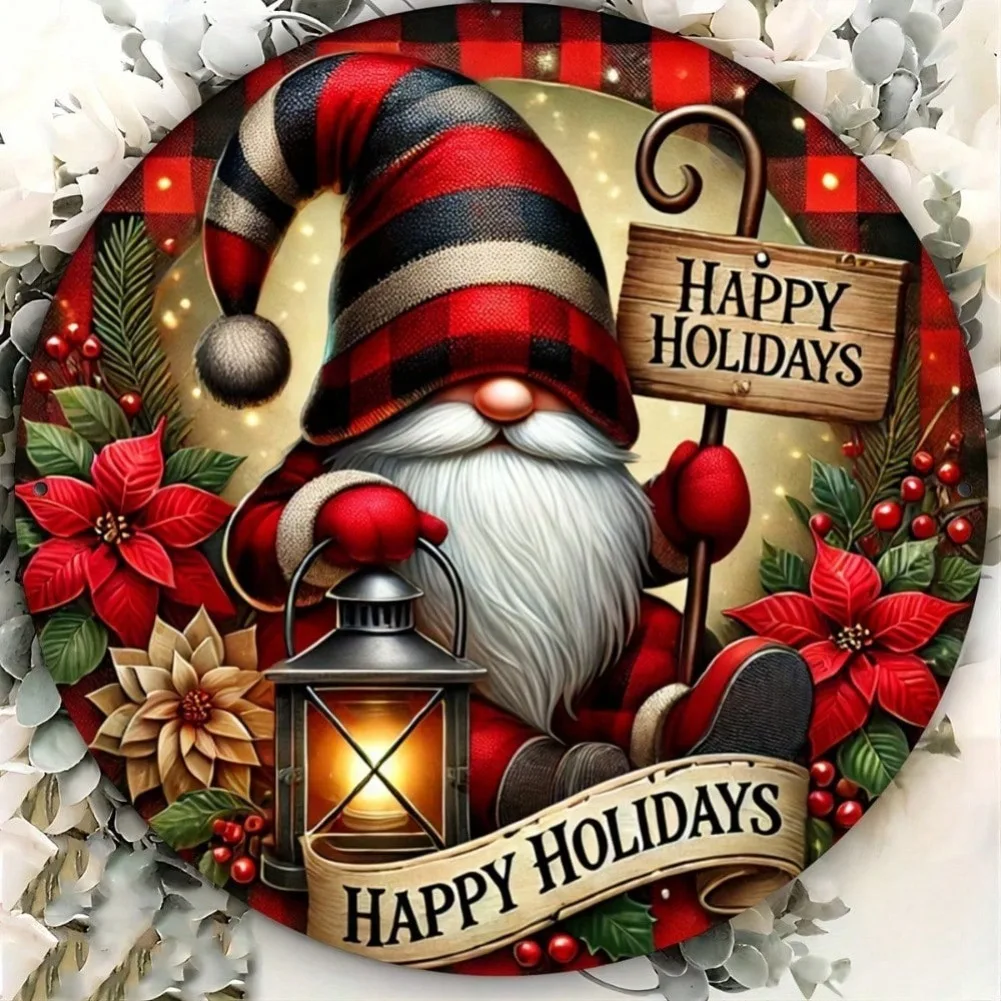 

Rustic Iron Gnome Christmas Wreath Sign - Flat Metal Plaque for Home, Kitchen & Garden Decor