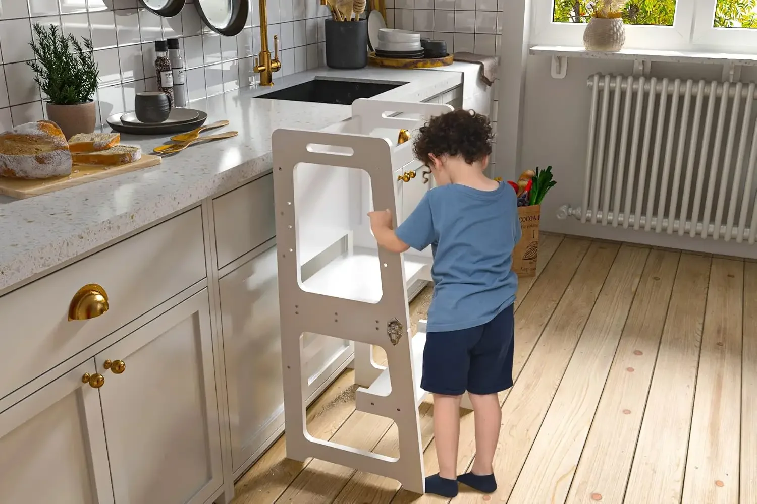 Date 4-in-1 Foldable Kitchen Tower - Toddler Step Stool with Chalkboard, Desk Table and Chair - Waldorf and Montessori K