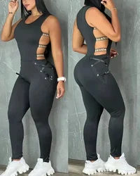 Women's Hollow Out Jumpsuit Summer Clothes Sleeveless Sexy Ladder Yoga Seamless Gym Skinny Casual Daily Long Jumpsuit 2023