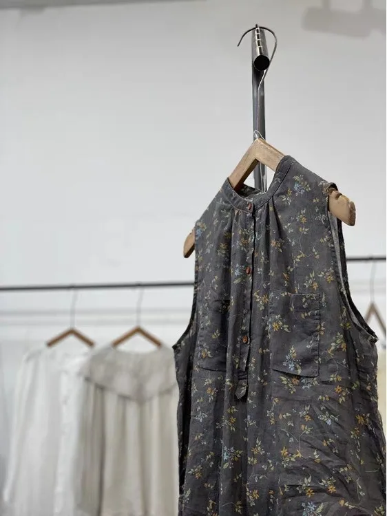 Retro Artistic Summer Floral Print Loose Slimming f Buttoned Svel Top Ethnic Sle Women's irt round Ne Casual Wear