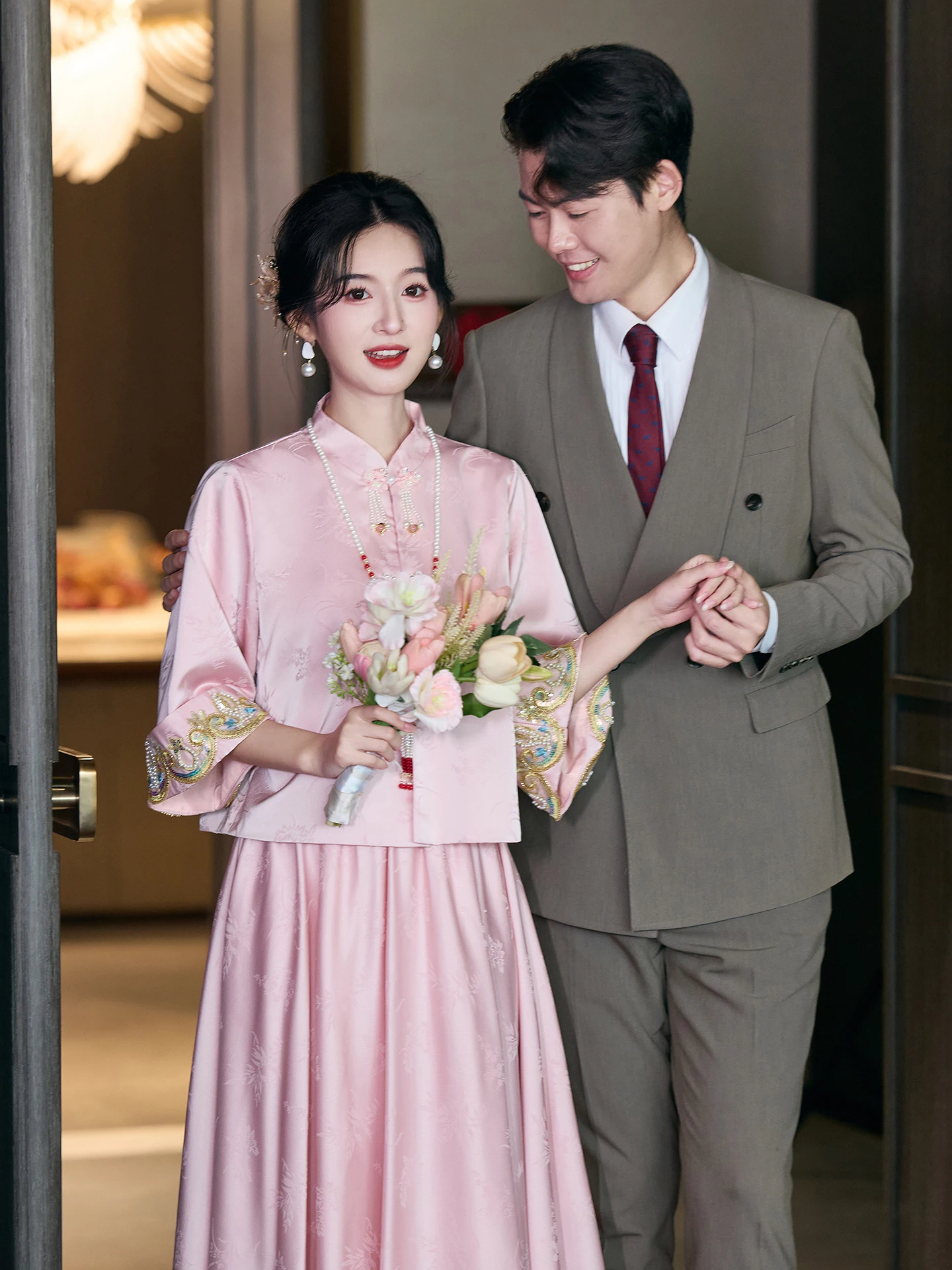 

Pink Qiu Wedding Dr Materni Qipao for Bride Pregnant Women High Waist A-Line Skirt Traditional Chinese Wedding Costume