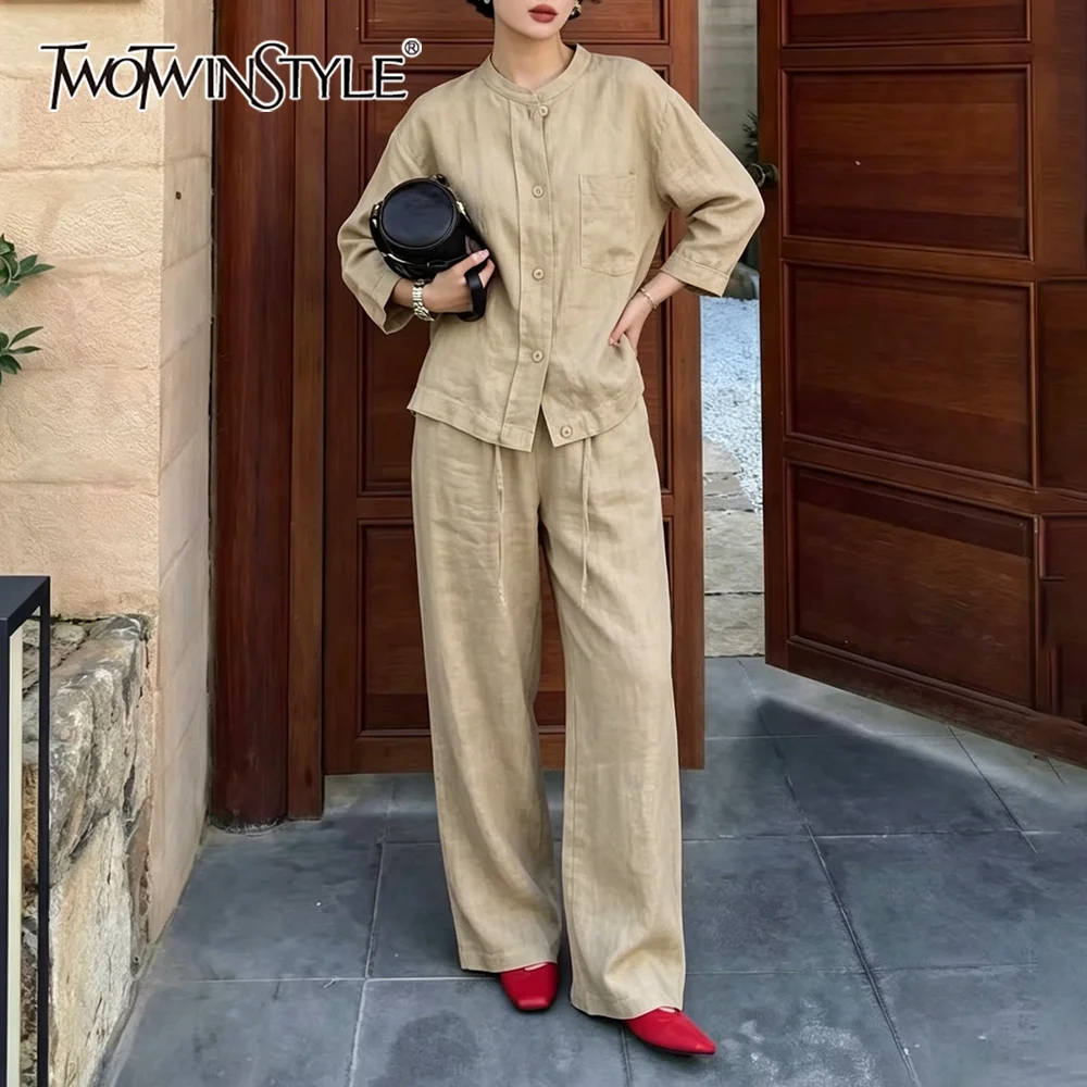 

TWOTWINSTYLE Minimalist Solid Two Piece Sets for Women O Neck Long Sleeve Top High Waist Loose Pant Casual Set Female Fashion