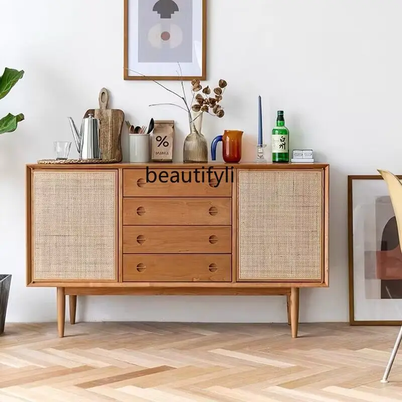 

Solid Wood Sideboard Vintage Rattan Storage Cabinet Living Room TV Cabinet Bedroom Side Cabinet