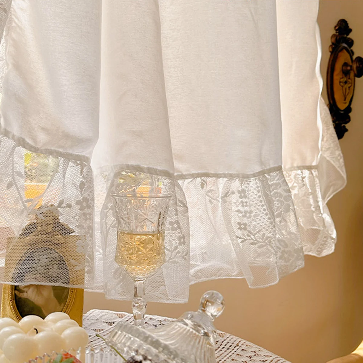 1 unidad, cortina transparente opaca más gruesa blanca de estilo rococó francés con Tirm Floral con volantes, cortina para ventanas pequeñas, cocina, decoración de la habitación