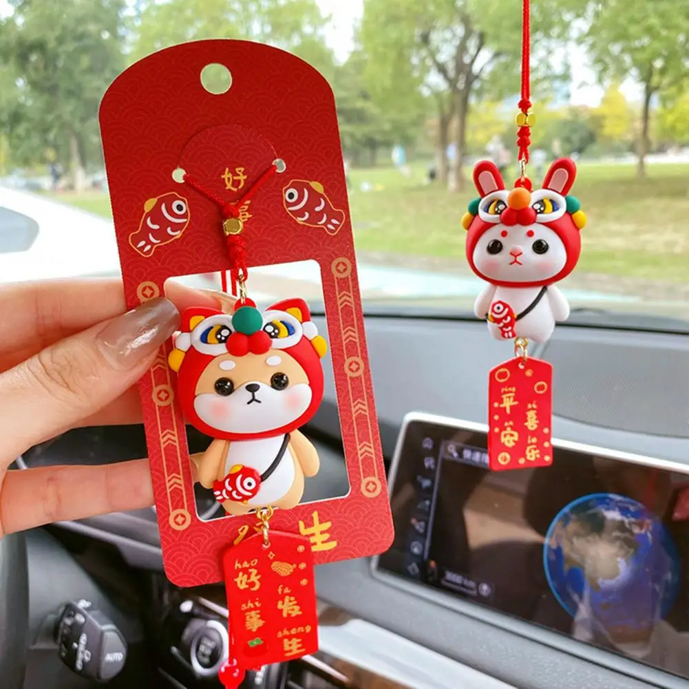 Car Pendant with Beads Safety Plaque Chinese Style Lanyard Car Rearview Mirror Dog Bunny Ornament Vehicle Accessories