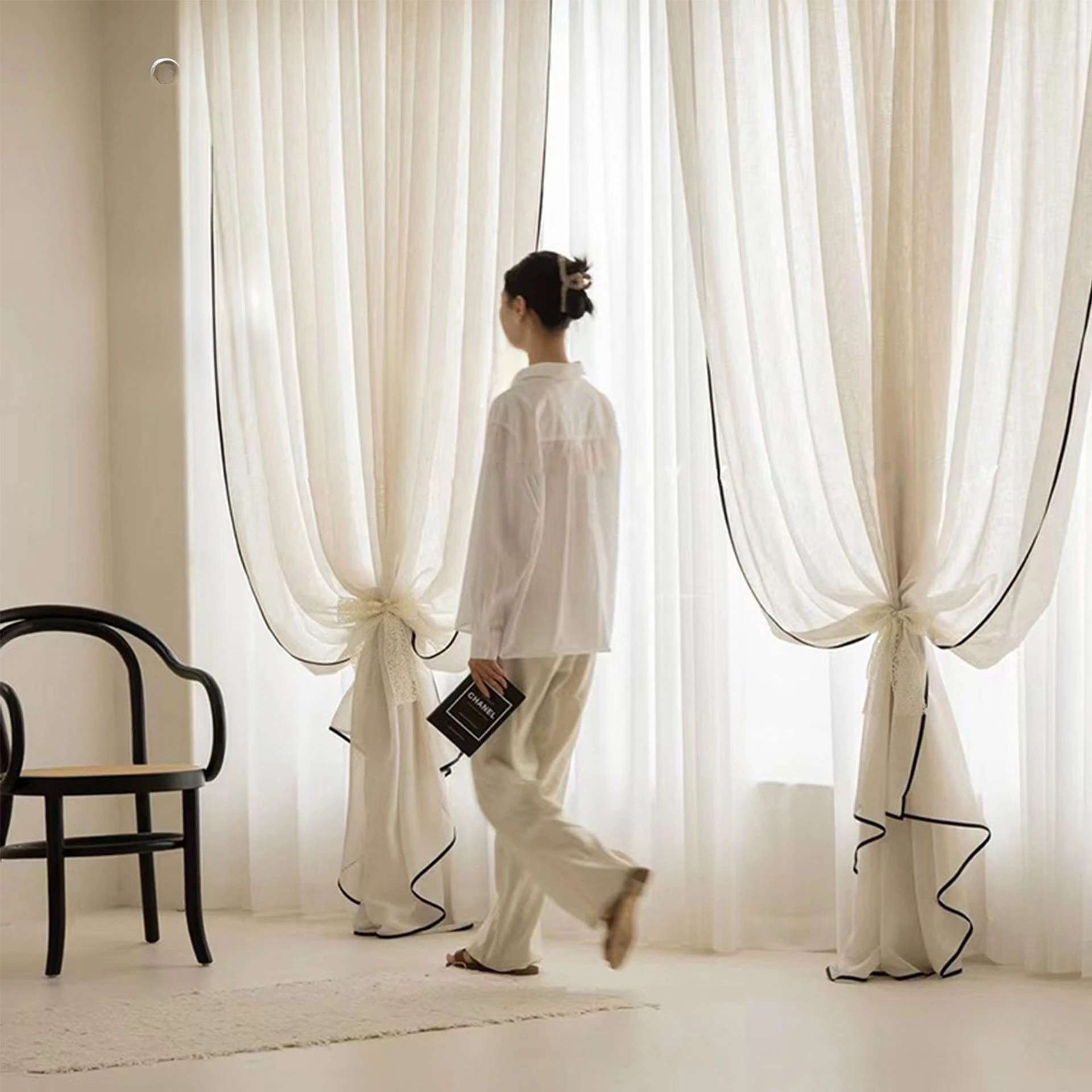 

Subtle Black Border Sheet Tulle Curtain for Living Room Yarn Balcony Bedroom Window Cream Linen Wool Sophisticated Door