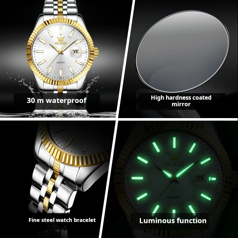 OLEVS Brand New Fashion Quartz Watch for Men Luxury Stainless Steel Waterproof Luminous Calendar Mens Watches Relogio Masculino
