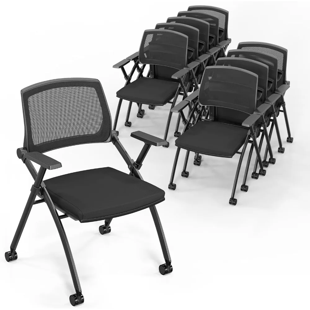 

"10-Piece Set of Stackable Wheeled Conference Chairs with Folding Backrest and Padded Seats for Training Rooms"