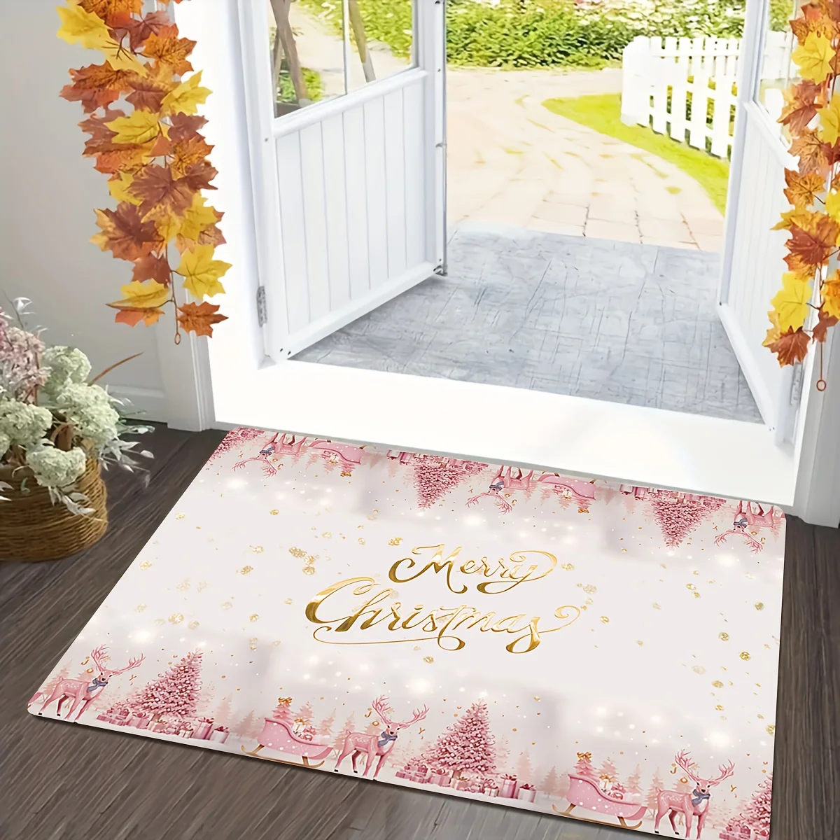 VIKAMA Pink Minimalist Christmas Floor Mat, Festive Vibe, Indoor & Outdoor Entrance Carpets, Bathroom Anti-Slip Mat, Home Decor