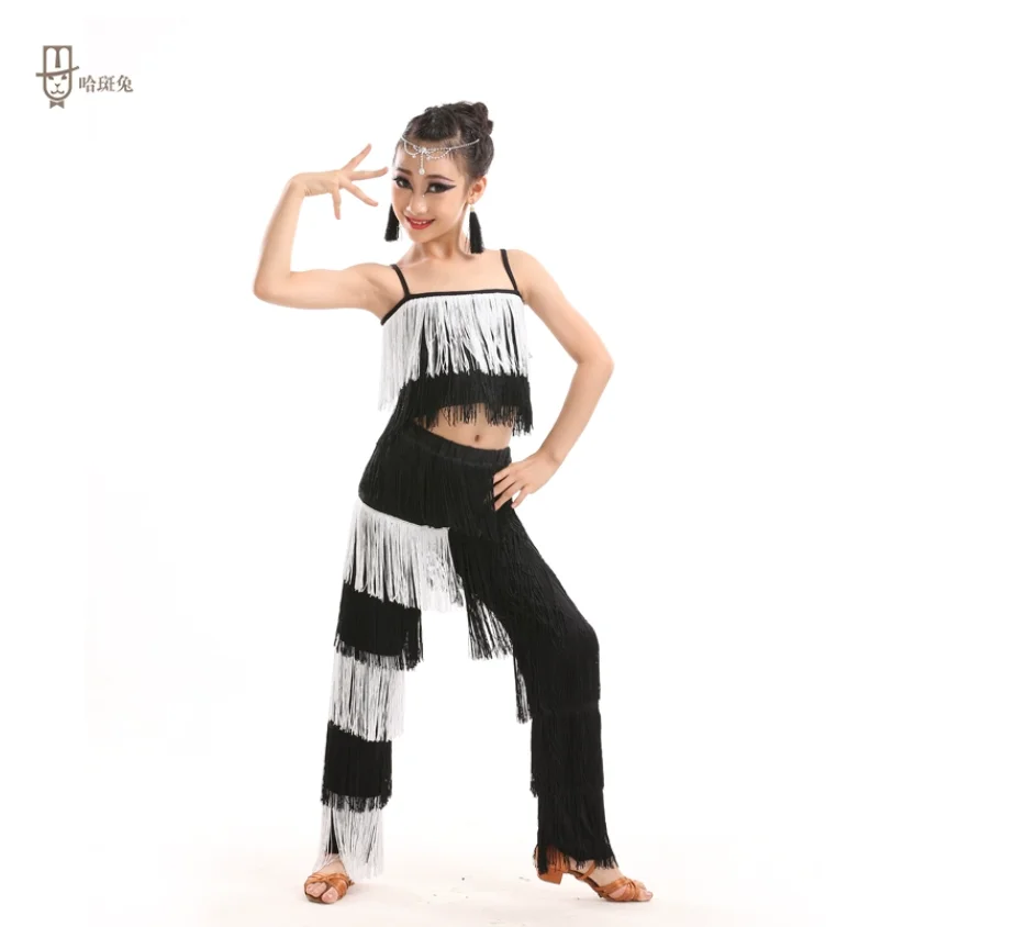 Ensemble de danse latine pour salle de Rh, pantalon et haut à franges solides, costume en ylène, grande taille, 1 ensemble par lot